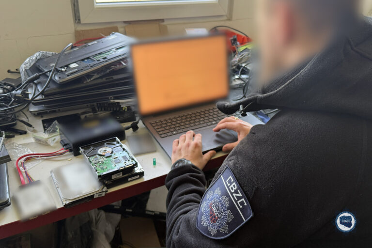 Funkcjonariusz CBZC w czarnej kurtce z naszywką pracuje przy laptopie podczas operacji Hellfire, na biurku rozłożony sprzęt elektroniczny