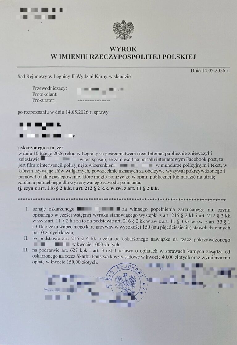 Mieszkaniec Legnicy znieważył policjanta w Internecie. Sąd wydał wyrok - Kryminalne